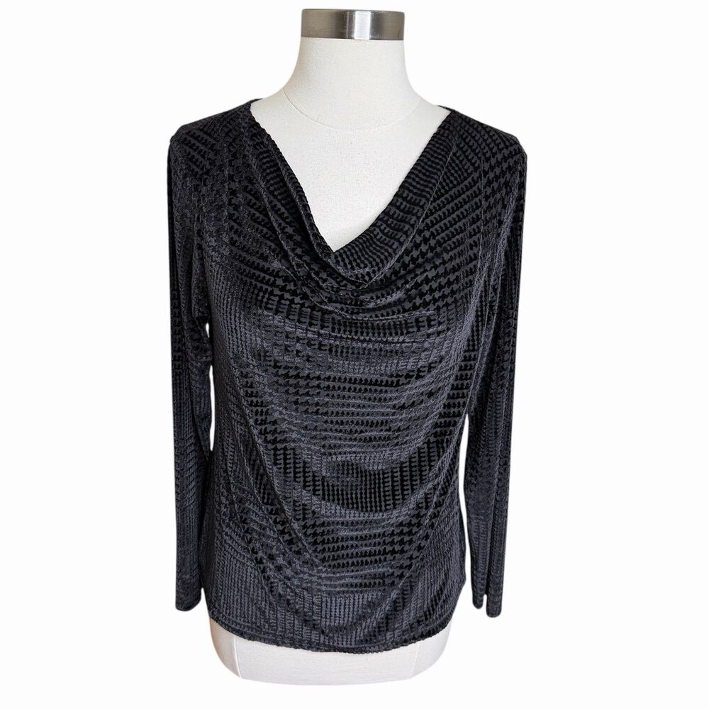 Talbots Blouse Womens Small Black Burnout Velvet Draped Cowl Neck Textured